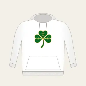 Gold-Edged Clover Leaf Hoodie in white: A flat clover leaf in green and gold sits inside a thin border line.