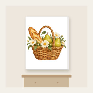 Baguette and Pear Basket Canvas Print in white: A woven basket holds a baguette, two pears and white daisies in warm tan, green and cream.