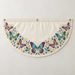 Butterfly Arch Fence Flag with butterflies in violet, teal and gold arranged in an arch along the curved edge