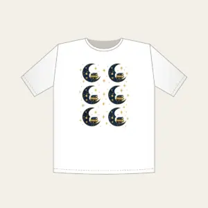 Crescent Moon with a Stack of Books T-Shirt in white: A crescent moon holds a small stack of books among tiny stars in navy and gold.
