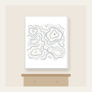 Topographic Contour Lines with a Single Peak Canvas Print in white: Topographic contour lines in slate and cream with one small peak mark.