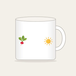 Radish and Sun Strip Mug in white: A 4:1 horizontal strip with a small red radish at one end and a round sun at the other, plenty of whitespace between.