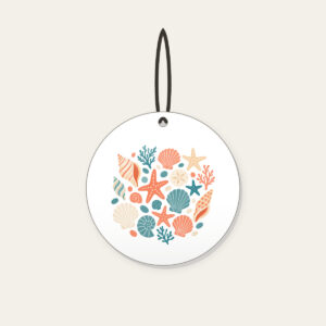 Scattered Shells and Starfish on Sand Ceramic Ornament in white: Coral, cream and teal shells and starfish are tossed across a pale sand background.