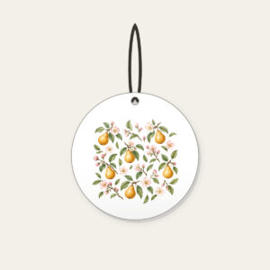 Golden Pears and Blush Blossoms Ceramic Ornament in white: Small golden pears, blush blossoms and sage leaves scatter across an airy white ground.