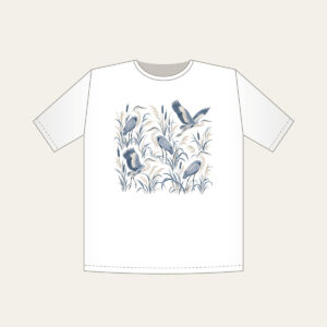 Herons and Reeds in Grey-Blue T-Shirt in white: Herons stand among reeds in grey-blue and cream in an all-over pattern.
