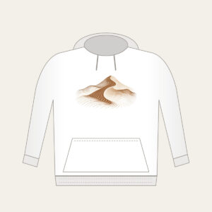 Rolling Dune in Topographic Lines Hoodie in white: Topographic contour lines shaped into a rolling dune, drawn in warm brown and cream.
