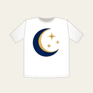 Golden Crescent and Three Stars T-Shirt in white: A gold crescent moon and three small stars sit on deep navy.