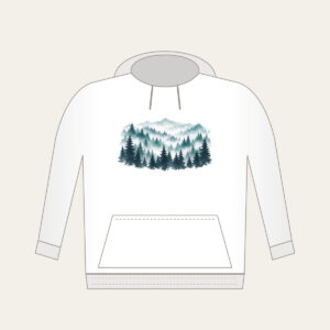 Pine Rows Fading into Mist Hoodie in white: Rows of pine silhouettes recede into mist in slate, teal and white.