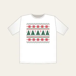 Fair Isle Pines and Stars in Red T-Shirt in white: Knit-inspired rows of pines and stars in red, cream and green repeat in tidy bands.