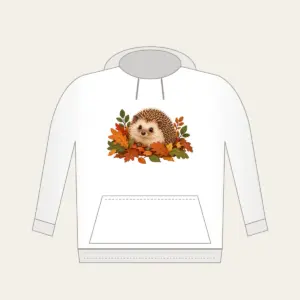 Hedgehog Among Fallen Leaves Hoodie in white: A small hedgehog wanders among fallen leaves in brown, rust and green.