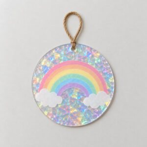Wavy Rainbow Hologram Suncatcher Ornament with wavy-edge disc with a rainbow arc and tiny clouds in pastel colours, Broken Glass Hologram colourway