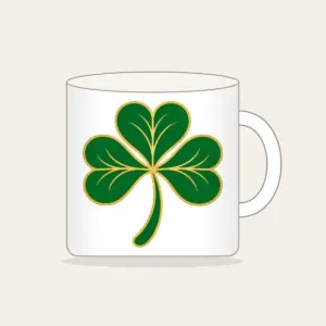Gold-Edged Clover Leaf Mug in white: A flat clover leaf in green and gold sits inside a thin border line.