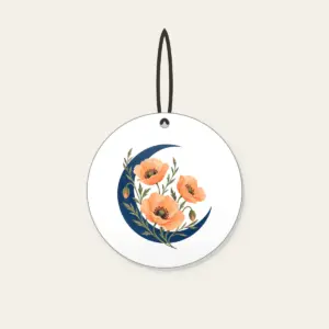 Crescent Moon and Apricot Poppies Ceramic Ornament in white: A deep blue crescent moon cradles three delicate apricot poppies on fine olive stems.