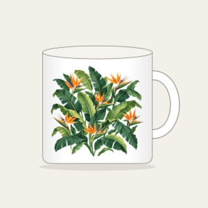 Banana Leaves and Birds-of-Paradise Mug in white: Banana leaves and birds-of-paradise flowers in green and orange on cream.