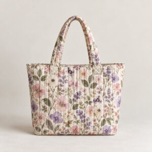 Pressed Posy Quilted Tote with Folded Handle with all-over pressed posies in blush, lavender and sage