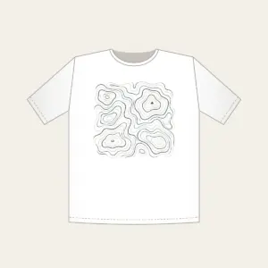 Topographic Contour Lines with a Single Peak T-Shirt in white: Topographic contour lines in slate and cream with one small peak mark.