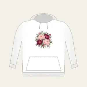 Blush and Plum Peony Blooms Hoodie in white: Full peony blooms in blush, plum and sage fill the space in a lush repeating pattern.