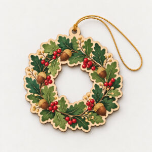 Oak Wreath Layered Wood Ornament with a layered wreath of oak leaves, acorns and red berries in brown, green and gold spread across two layers