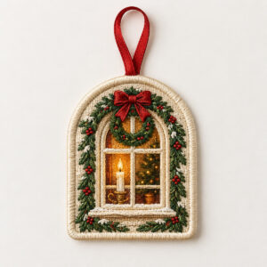 Cottage Window Embroidered Ornament with embroidery of a cottage window with a wreath and a warm candle in cream, green and amber