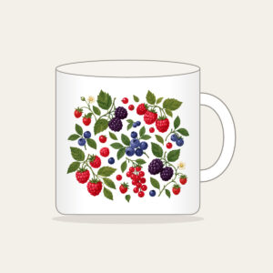 Wild Berries and Leaves Mug in white: A scatter of wild berries and leaves in plum, red and green on cream.