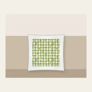 Green Gingham with Scattered Pears Pillow in white: Green and cream gingham checks with small pears scattered between.