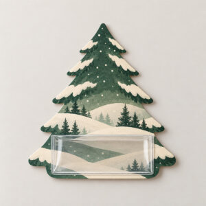 Pocket Pine Money Holder Card with card in a pine-tree shape with a transparent plastic money sleeve near the base and snowy hills in green and cream