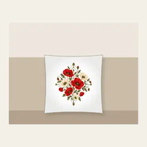 Poppy Diamond Garden Pillow in white: Diamond lines hold scattered poppies in red, cream and olive.