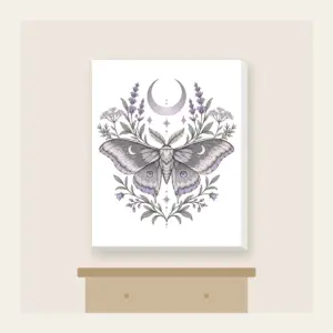 Moth and Crescent Moon with Herb Sprigs Canvas Print in white: A moth beneath a crescent moon with delicate herb sprigs in silver grey and pale lilac.