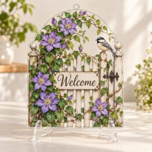 Garden Gate Acrylic Sign with 2-side printed sign with a garden gate arch, climbing clematis in violet and green and a small bird on the top rail, short word "Welcome", no other text