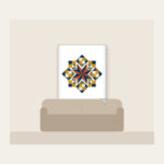 Star Medallion Patchwork Fleece Blanket in white: An eight-point star medallion in navy, cream and rust with mustard and sage patchwork squares.