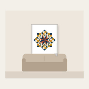 Star Medallion Patchwork Fleece Blanket in white: An eight-point star medallion in navy, cream and rust with mustard and sage patchwork squares.