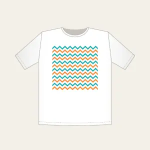 Teal and Orange Zigzag Trail T-Shirt in white: Zigzag trail lines in teal and orange race across a white ground.