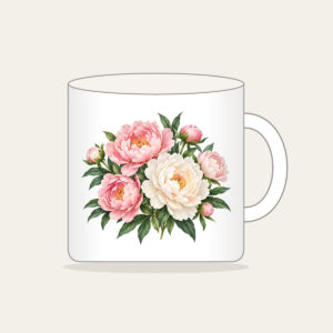 Blush and White Peonies Mug in white: Peonies in blush and white with green leaves on a cream base.