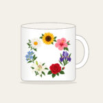 Weekly Seven Flower Border Mug in white: A border of seven small, different flowers, one for each day, surrounds an open centre.