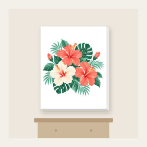 Hibiscus Sorbet Tropical Blooms Canvas Print in white: Hibiscus flowers and leaves in coral, mint and cream.