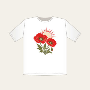 Twin Poppies and a Rising Sun T-Shirt in white: Two poppies beneath a rising sun in red, cream and olive.