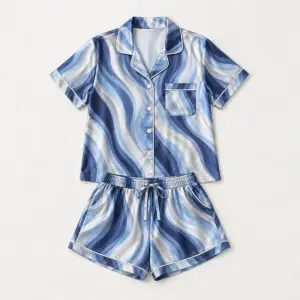 Moonbeam Satin Short Pajama Set with soft moonbeam stripes in silver, pale blue and navy