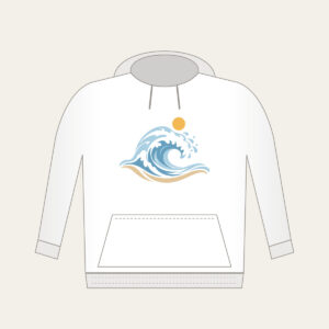 Curling Wave and Little Sun Hoodie in white: A curling wave in white, pale blue and sand with a small sun disc above.