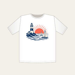 Lighthouse and Two Sailboats T-Shirt in white: A navy lighthouse, two cream sailboats outlined in navy and a coral rising sun.