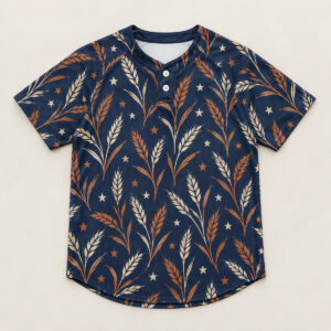 Grand Slam Two-Button Baseball Jersey with all-over wheat sprigs and small stars in rust, cream and navy with two buttons near the collar