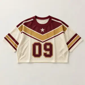 Pennant Run All-Over Crop Football Jersey with pennant-shaped stripes across the chest in maroon, gold and cream with a small star and the number "09"