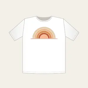 Stepped Arc Sunrise Over the Horizon T-Shirt in white: A rising sun built from five stepped arcs in apricot, rust and sand above one thin horizon line.