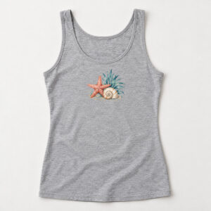 Tidepool Ladies' Tank with compact chest print of a starfish, a spiral shell and a sprig of sea grass in coral, cream and teal