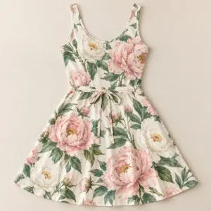 Peony Court Tie-Front Tennis Dress with large peonies in blush and white with green leaves on a cream base