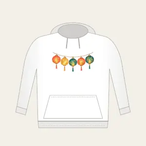 Five Glowing Paper Lanterns Hoodie in white: A string of five paper lanterns in coral, gold and teal glows against a dark ground.