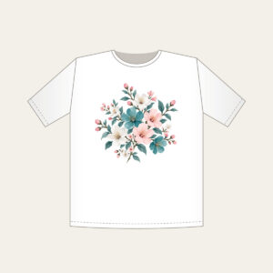 Teal Blossom Scatter T-Shirt in white: Small blossoms in teal, white and pale pink scattered across a pale grey ground.