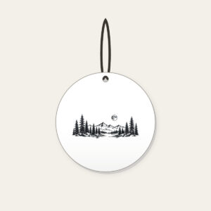 Pine Tree Line and Crescent Moon Ceramic Ornament in white: A single-tone pine tree in line drawing with a small moon curled around it.