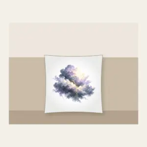 Storm Clouds with Gold Lightning Pillow in white: Gentle storm clouds in slate, lavender and cream, split by one thin gold lightning line.