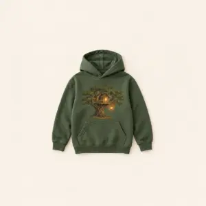 Treehouse Lantern Youth Hoodie with chest print of a treehouse in an oak tree with a glowing lantern in brown, green and amber