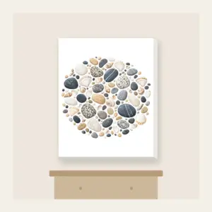Beach Pebbles and Tiny Shells Canvas Print in white: Pebbles and tiny shells in sand, slate and white are scattered across the artwork.